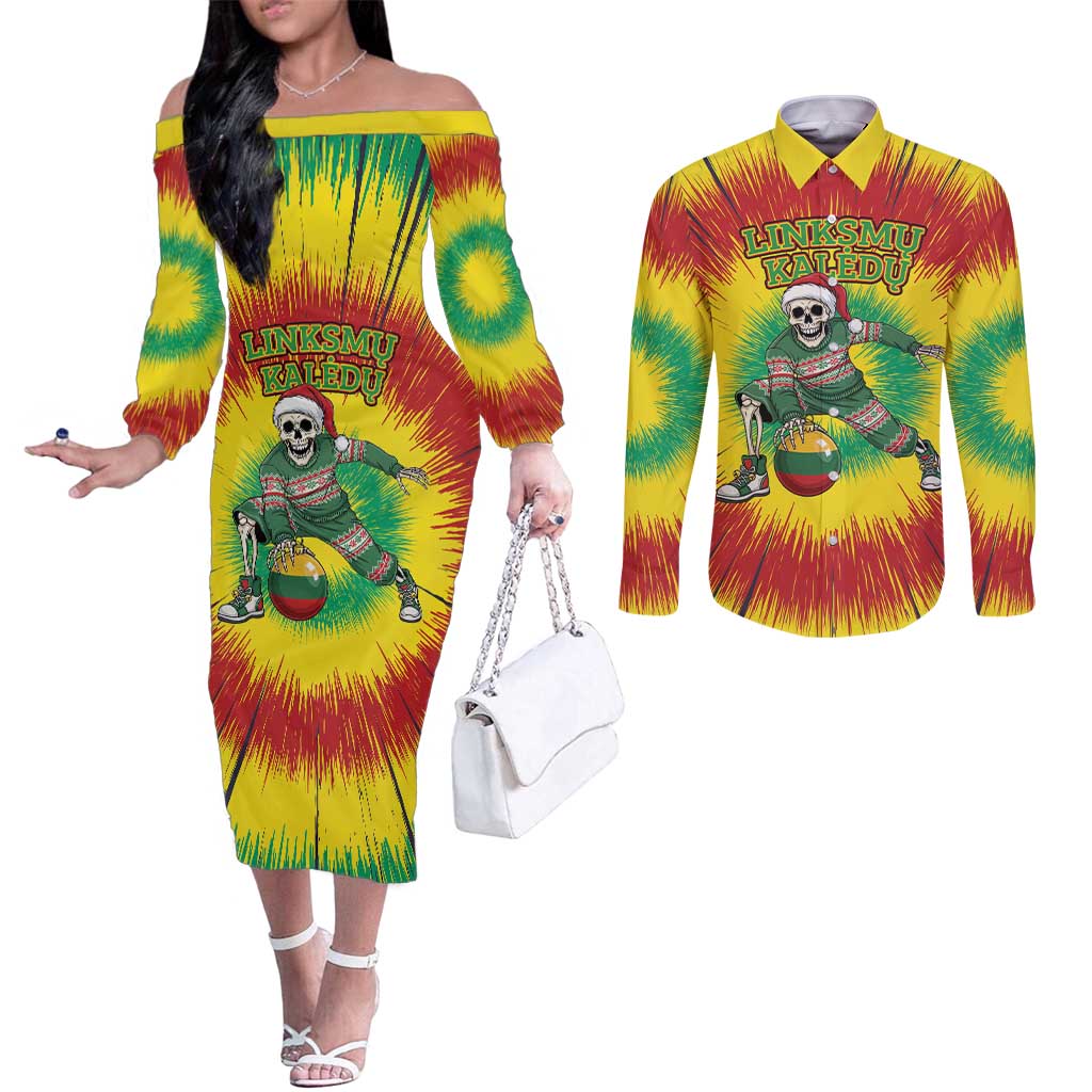 Personalized Lithuania Christmas Tie Dye Couples Matching Off The Shoulder Long Sleeve Dress and Long Sleeve Button Shirt Skeleton Basketball Slam Dunk Santa Hat LT19