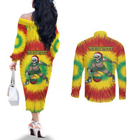 Personalized Lithuania Christmas Tie Dye Couples Matching Off The Shoulder Long Sleeve Dress and Long Sleeve Button Shirt Skeleton Basketball Slam Dunk Santa Hat LT19