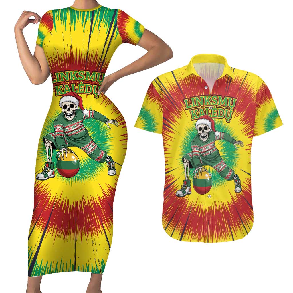 Personalized Lithuania Christmas Tie Dye Couples Matching Short Sleeve Bodycon Dress and Hawaiian Shirt Skeleton Basketball Slam Dunk Santa Hat LT19