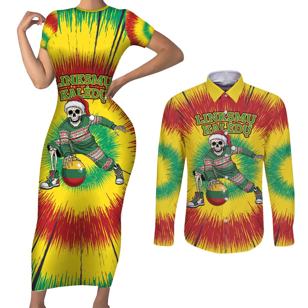 Personalized Lithuania Christmas Tie Dye Couples Matching Short Sleeve Bodycon Dress and Long Sleeve Button Shirt Skeleton Basketball Slam Dunk Santa Hat LT19