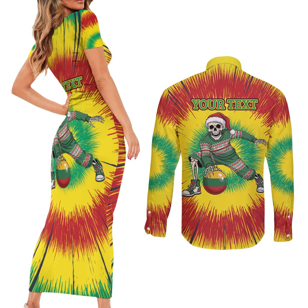 Personalized Lithuania Christmas Tie Dye Couples Matching Short Sleeve Bodycon Dress and Long Sleeve Button Shirt Skeleton Basketball Slam Dunk Santa Hat LT19