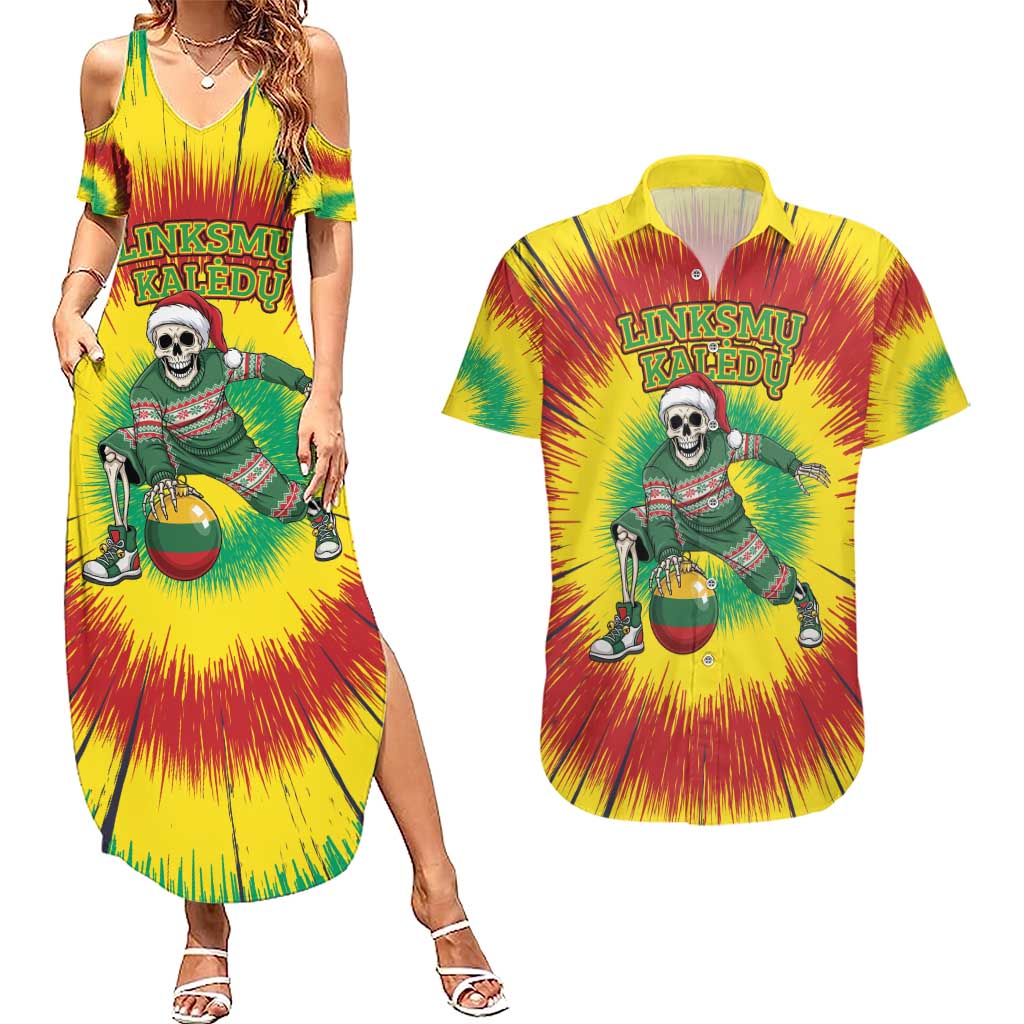 Personalized Lithuania Christmas Tie Dye Couples Matching Summer Maxi Dress and Hawaiian Shirt Skeleton Basketball Slam Dunk Santa Hat LT19