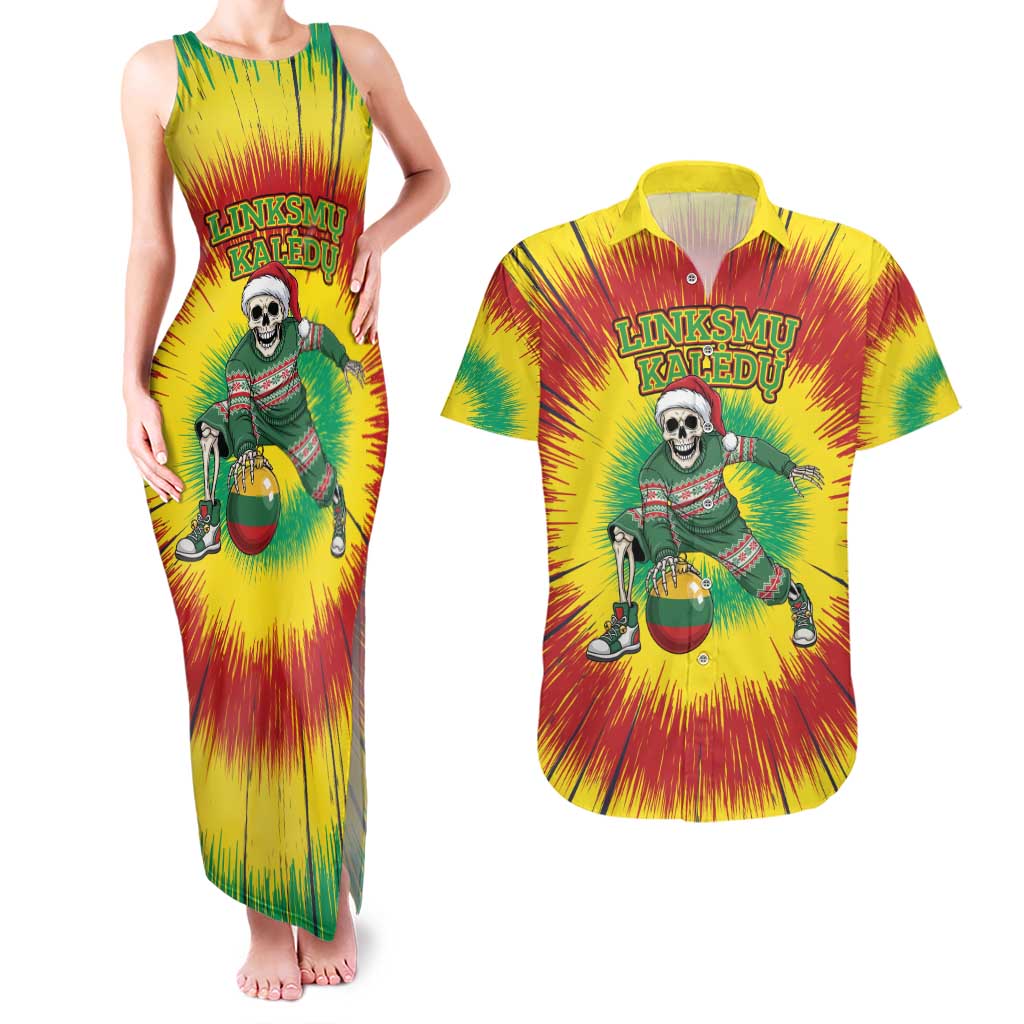 Personalized Lithuania Christmas Tie Dye Couples Matching Tank Maxi Dress and Hawaiian Shirt Skeleton Basketball Slam Dunk Santa Hat LT19