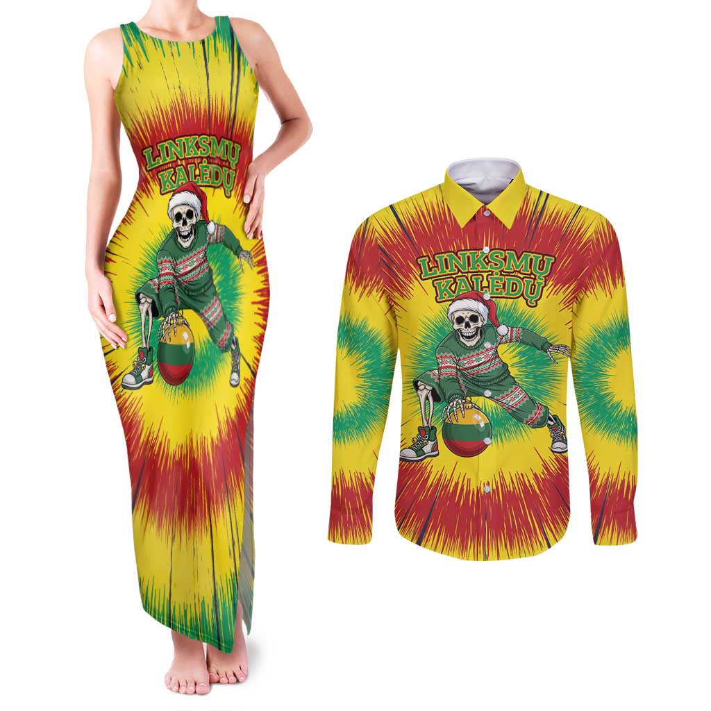 Personalized Lithuania Christmas Tie Dye Couples Matching Tank Maxi Dress and Long Sleeve Button Shirt Skeleton Basketball Slam Dunk Santa Hat LT19