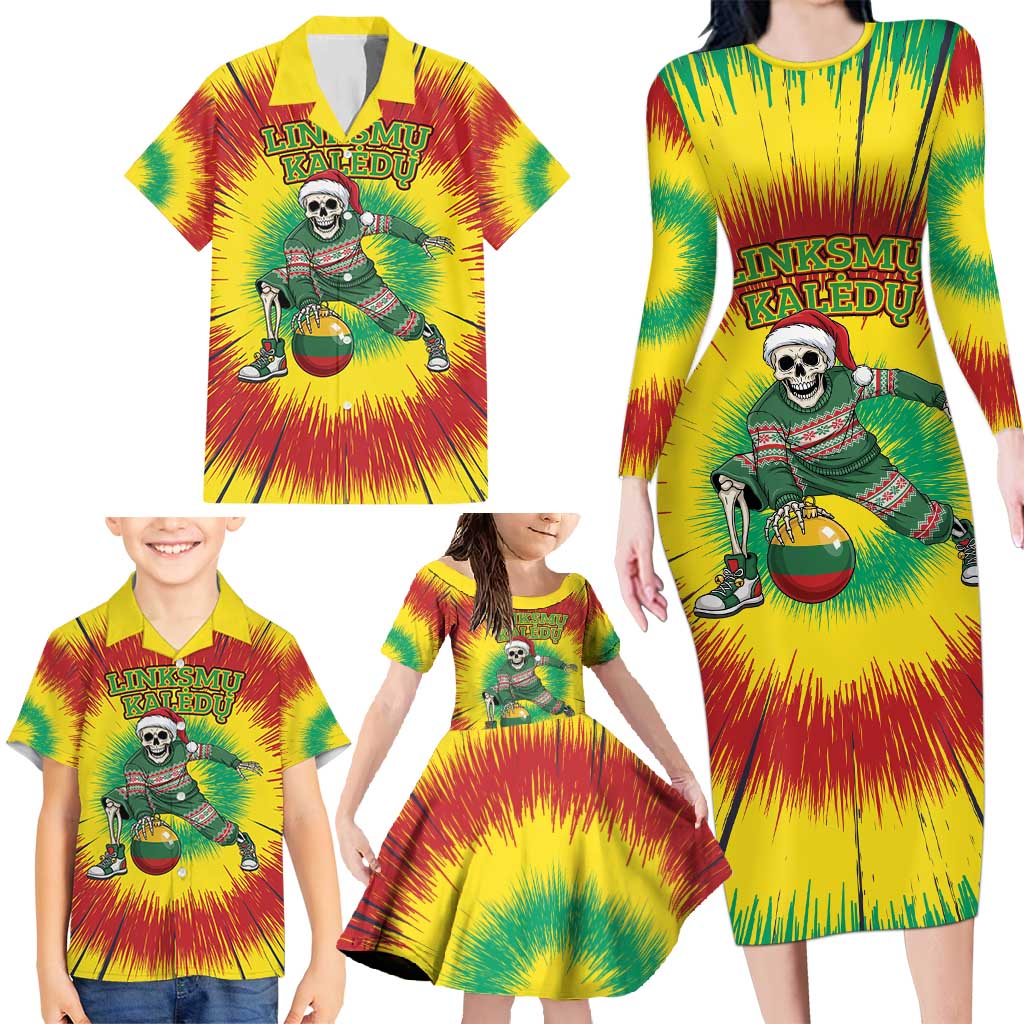 Personalized Lithuania Christmas Tie Dye Family Matching Long Sleeve Bodycon Dress and Hawaiian Shirt Skeleton Basketball Slam Dunk Santa Hat LT19