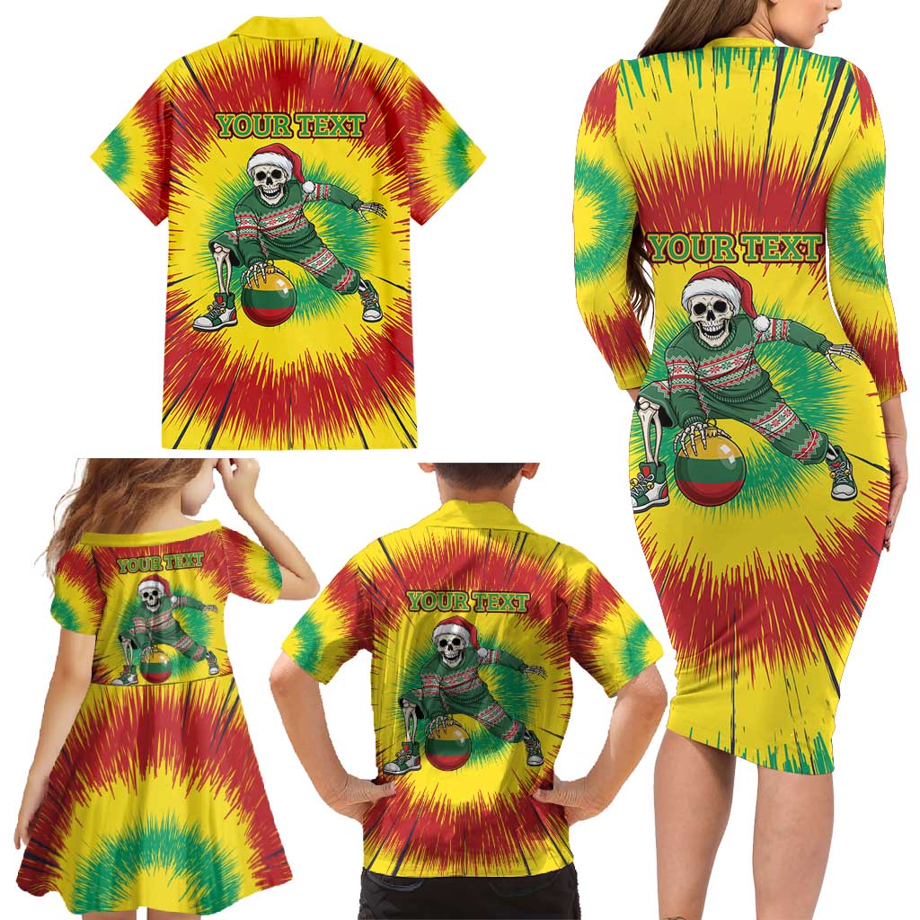 Personalized Lithuania Christmas Tie Dye Family Matching Long Sleeve Bodycon Dress and Hawaiian Shirt Skeleton Basketball Slam Dunk Santa Hat LT19