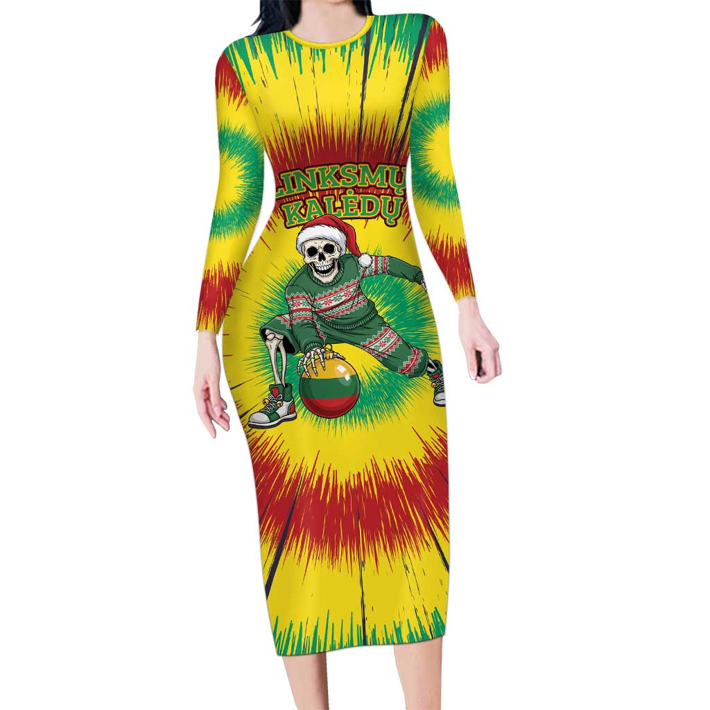 Personalized Lithuania Christmas Tie Dye Family Matching Long Sleeve Bodycon Dress and Hawaiian Shirt Skeleton Basketball Slam Dunk Santa Hat LT19