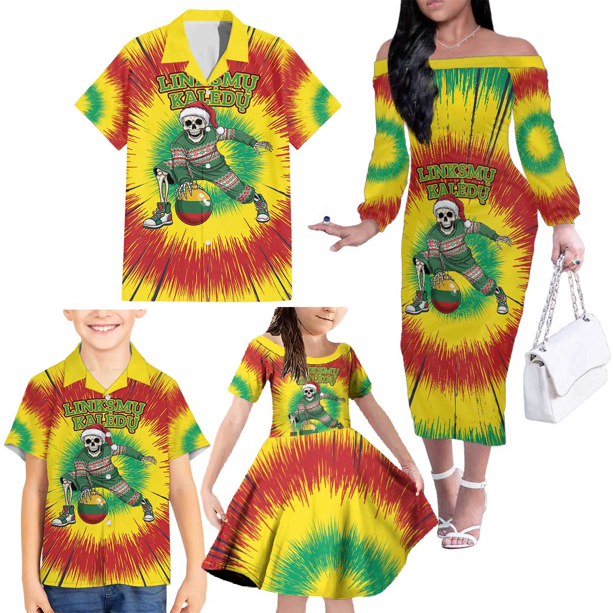 Personalized Lithuania Christmas Tie Dye Family Matching Off The Shoulder Long Sleeve Dress and Hawaiian Shirt Skeleton Basketball Slam Dunk Santa Hat LT19