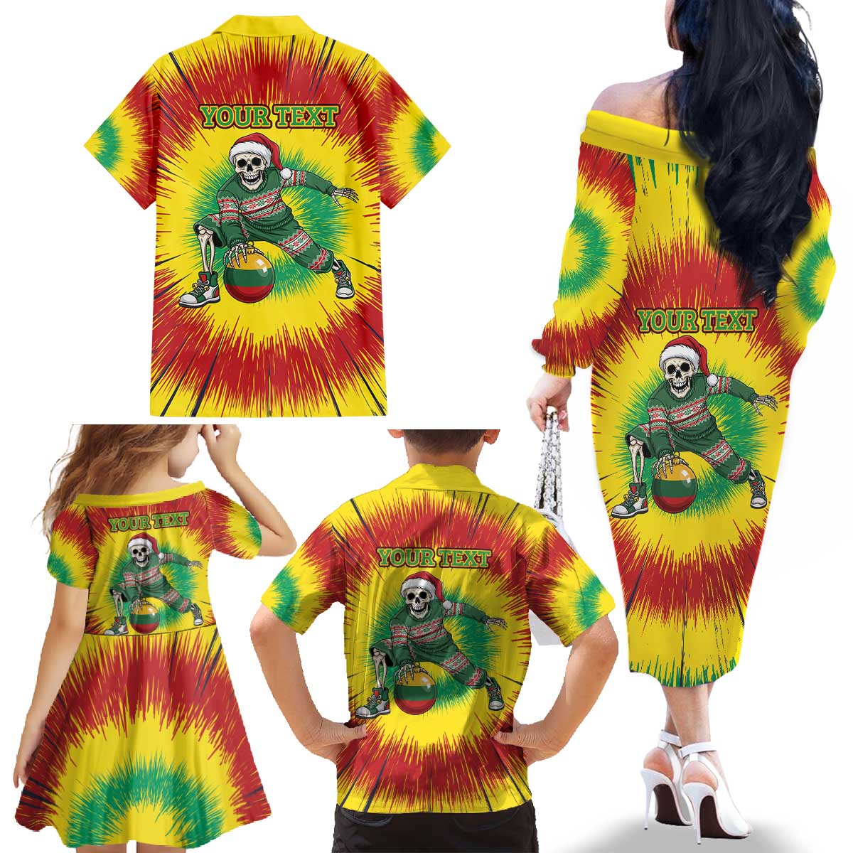 Personalized Lithuania Christmas Tie Dye Family Matching Off The Shoulder Long Sleeve Dress and Hawaiian Shirt Skeleton Basketball Slam Dunk Santa Hat LT19