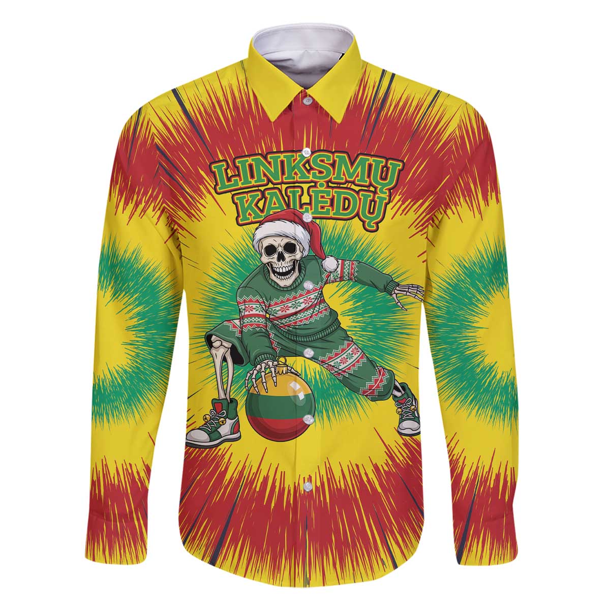 Personalized Lithuania Christmas Tie Dye Family Matching Off The Shoulder Long Sleeve Dress and Hawaiian Shirt Skeleton Basketball Slam Dunk Santa Hat LT19