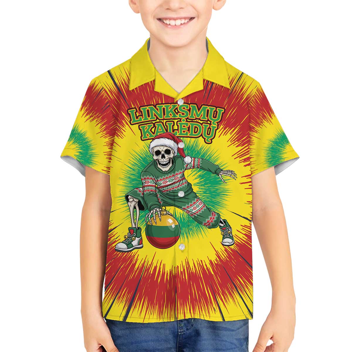 Personalized Lithuania Christmas Tie Dye Family Matching Off The Shoulder Long Sleeve Dress and Hawaiian Shirt Skeleton Basketball Slam Dunk Santa Hat LT19