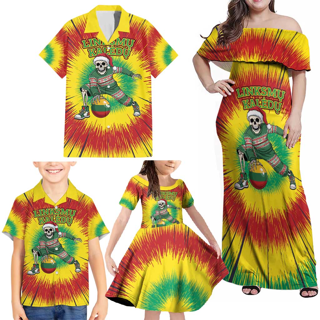 Personalized Lithuania Christmas Tie Dye Family Matching Off Shoulder Maxi Dress and Hawaiian Shirt Skeleton Basketball Slam Dunk Santa Hat LT19