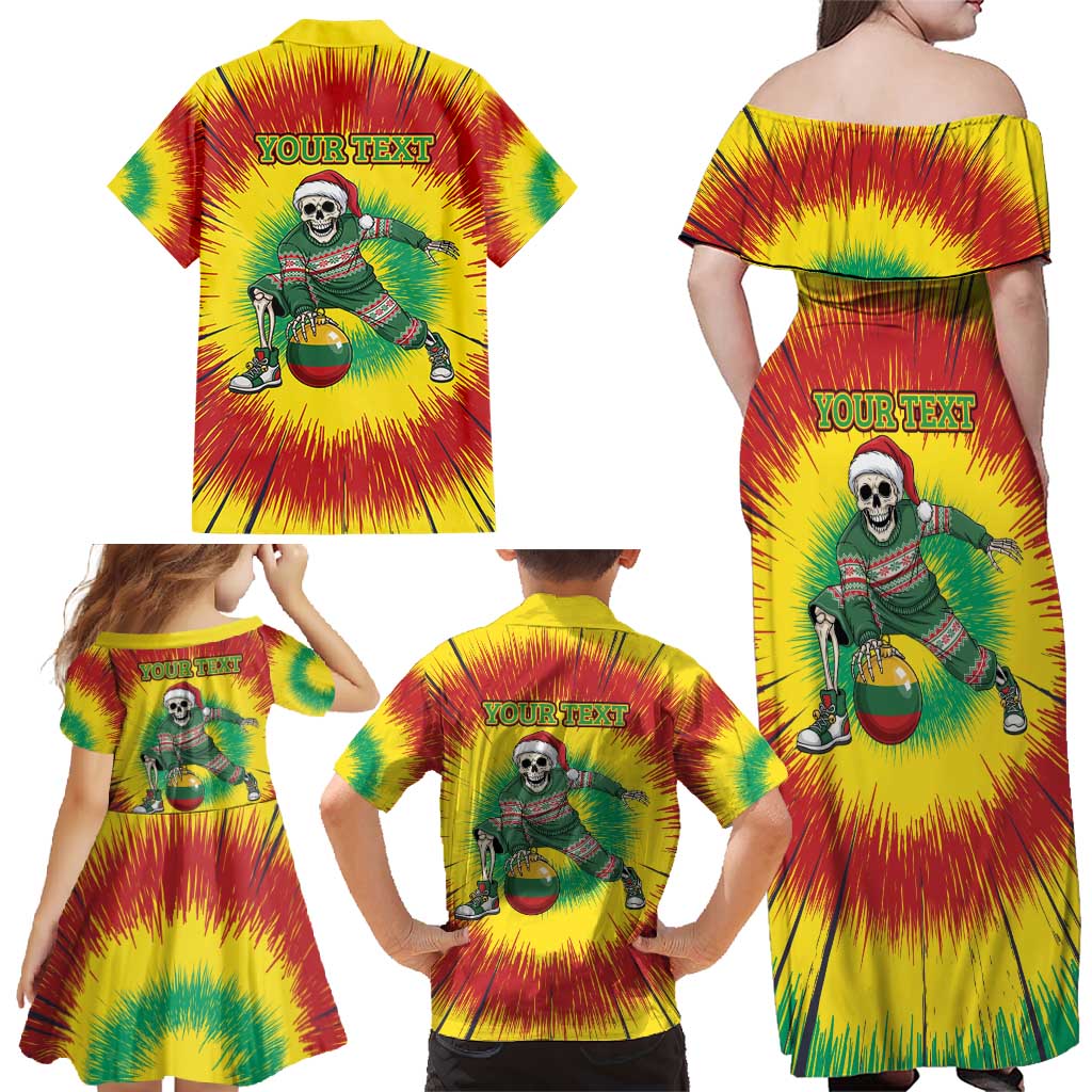 Personalized Lithuania Christmas Tie Dye Family Matching Off Shoulder Maxi Dress and Hawaiian Shirt Skeleton Basketball Slam Dunk Santa Hat LT19
