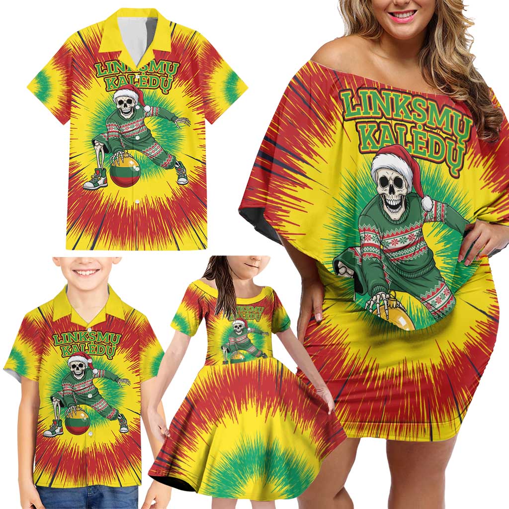Personalized Lithuania Christmas Tie Dye Family Matching Off Shoulder Short Dress and Hawaiian Shirt Skeleton Basketball Slam Dunk Santa Hat LT19