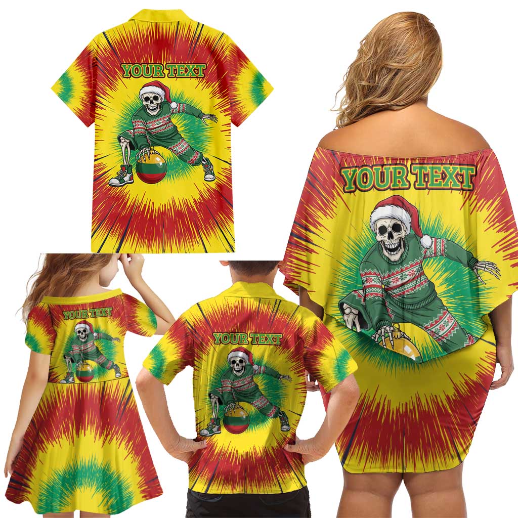 Personalized Lithuania Christmas Tie Dye Family Matching Off Shoulder Short Dress and Hawaiian Shirt Skeleton Basketball Slam Dunk Santa Hat LT19