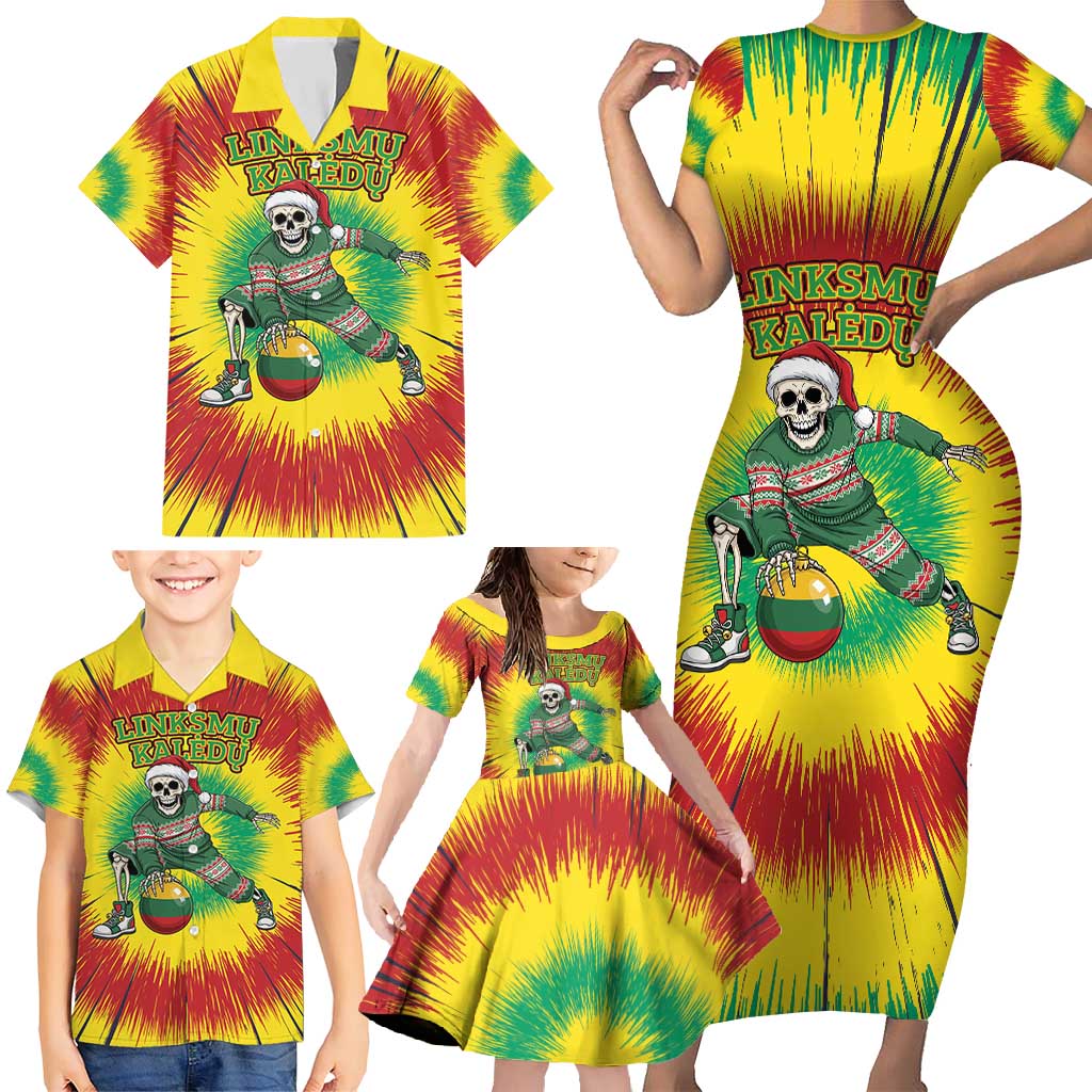 Personalized Lithuania Christmas Tie Dye Family Matching Short Sleeve Bodycon Dress and Hawaiian Shirt Skeleton Basketball Slam Dunk Santa Hat LT19