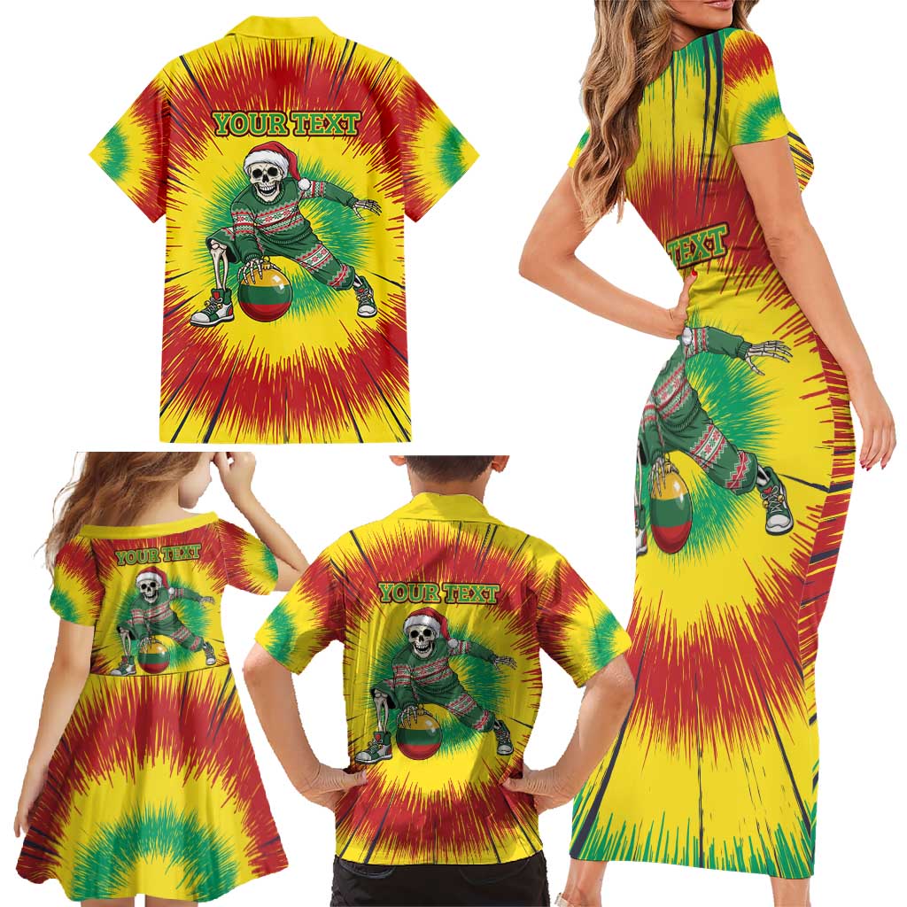Personalized Lithuania Christmas Tie Dye Family Matching Short Sleeve Bodycon Dress and Hawaiian Shirt Skeleton Basketball Slam Dunk Santa Hat LT19