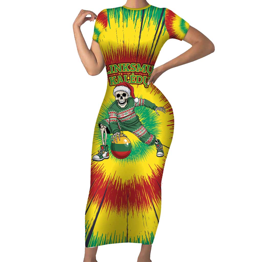 Personalized Lithuania Christmas Tie Dye Family Matching Short Sleeve Bodycon Dress and Hawaiian Shirt Skeleton Basketball Slam Dunk Santa Hat LT19