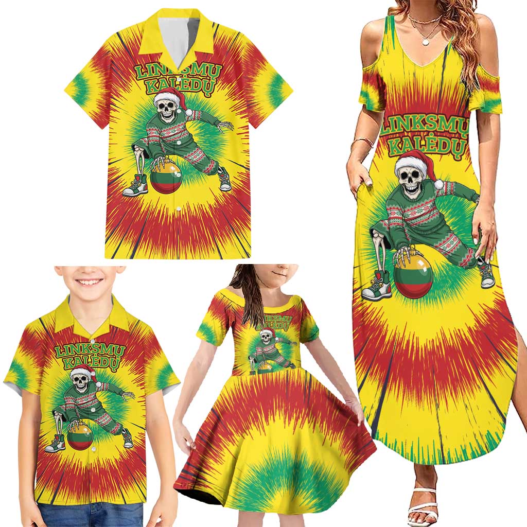 Personalized Lithuania Christmas Tie Dye Family Matching Summer Maxi Dress and Hawaiian Shirt Skeleton Basketball Slam Dunk Santa Hat LT19