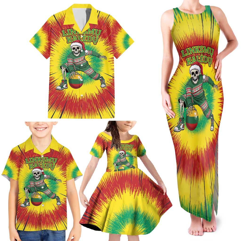 Personalized Lithuania Christmas Tie Dye Family Matching Tank Maxi Dress and Hawaiian Shirt Skeleton Basketball Slam Dunk Santa Hat LT19