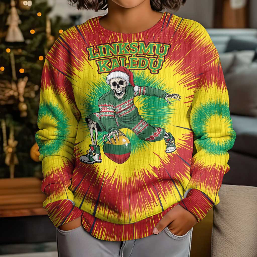 Lithuania Christmas Tie Dye Kid Ugly Christmas Sweater Skeleton Basketball Slam Dunk Santa Hat - Wonder Print Shop