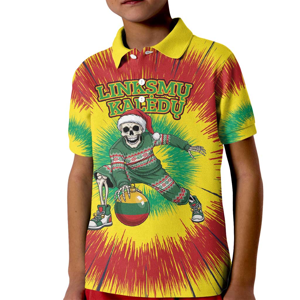 Personalized Lithuania Christmas Tie Dye Kid Polo Shirt Skeleton Basketball Slam Dunk Santa Hat LT19