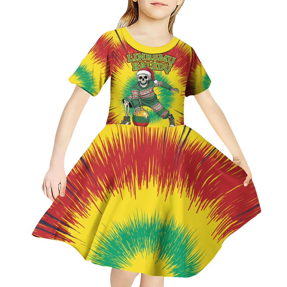 Personalized Lithuania Christmas Tie Dye Kid Short Sleeve Dress Skeleton Basketball Slam Dunk Santa Hat LT19