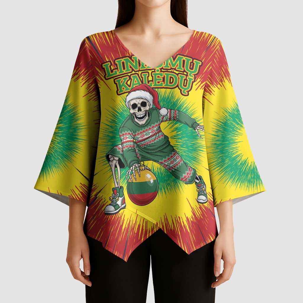 Personalized Lithuania Christmas Tie Dye Kimono Sleeve Blouse Skeleton Basketball Slam Dunk Santa Hat LT19