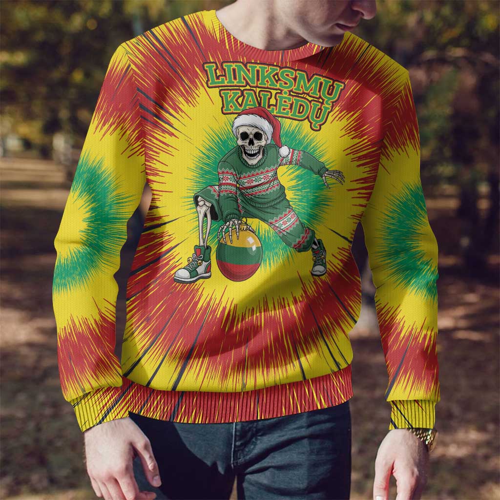 Lithuania Christmas Tie Dye Ugly Christmas Sweater Skeleton Basketball Slam Dunk Santa Hat - Wonder Print Shop