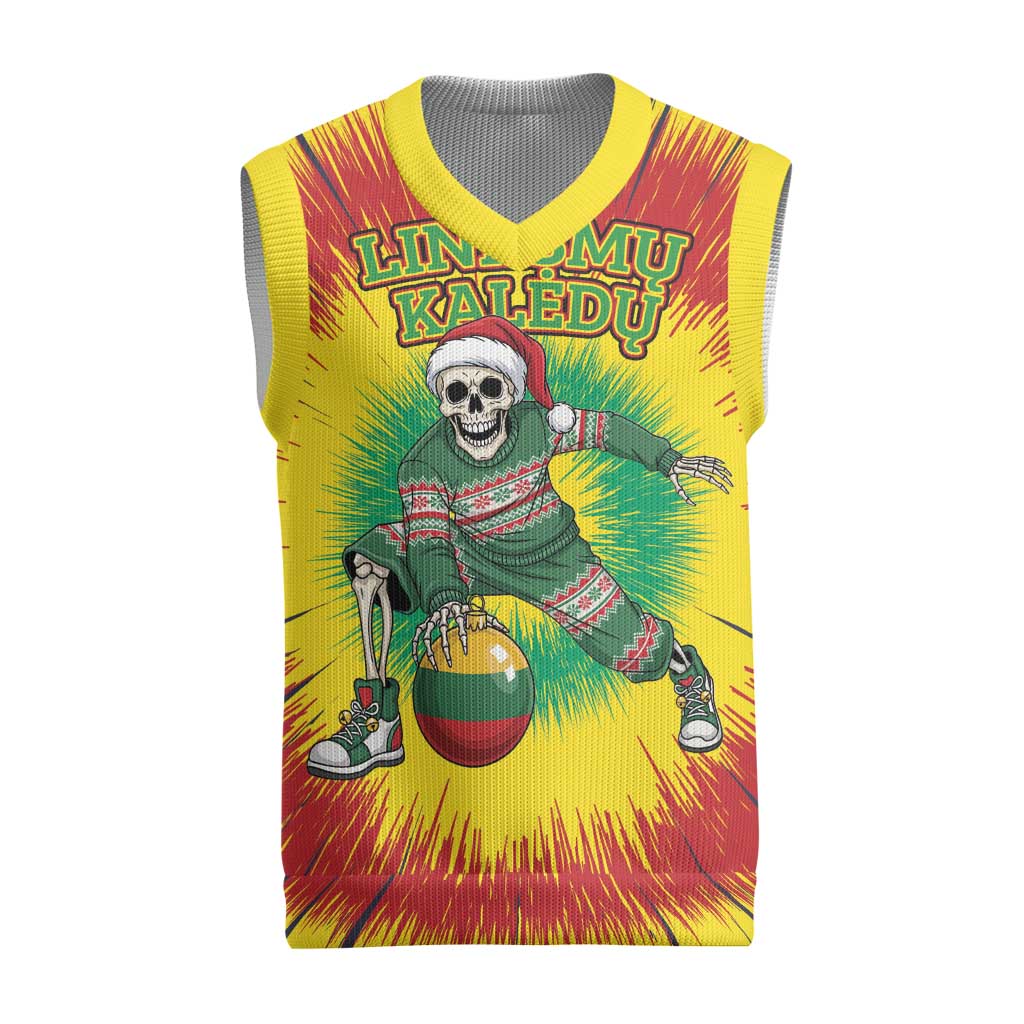 Personalized Lithuania Christmas Tie Dye Christmas Knitted V-Neck Vest Skeleton Basketball Slam Dunk Santa Hat - Wonder Print Shop