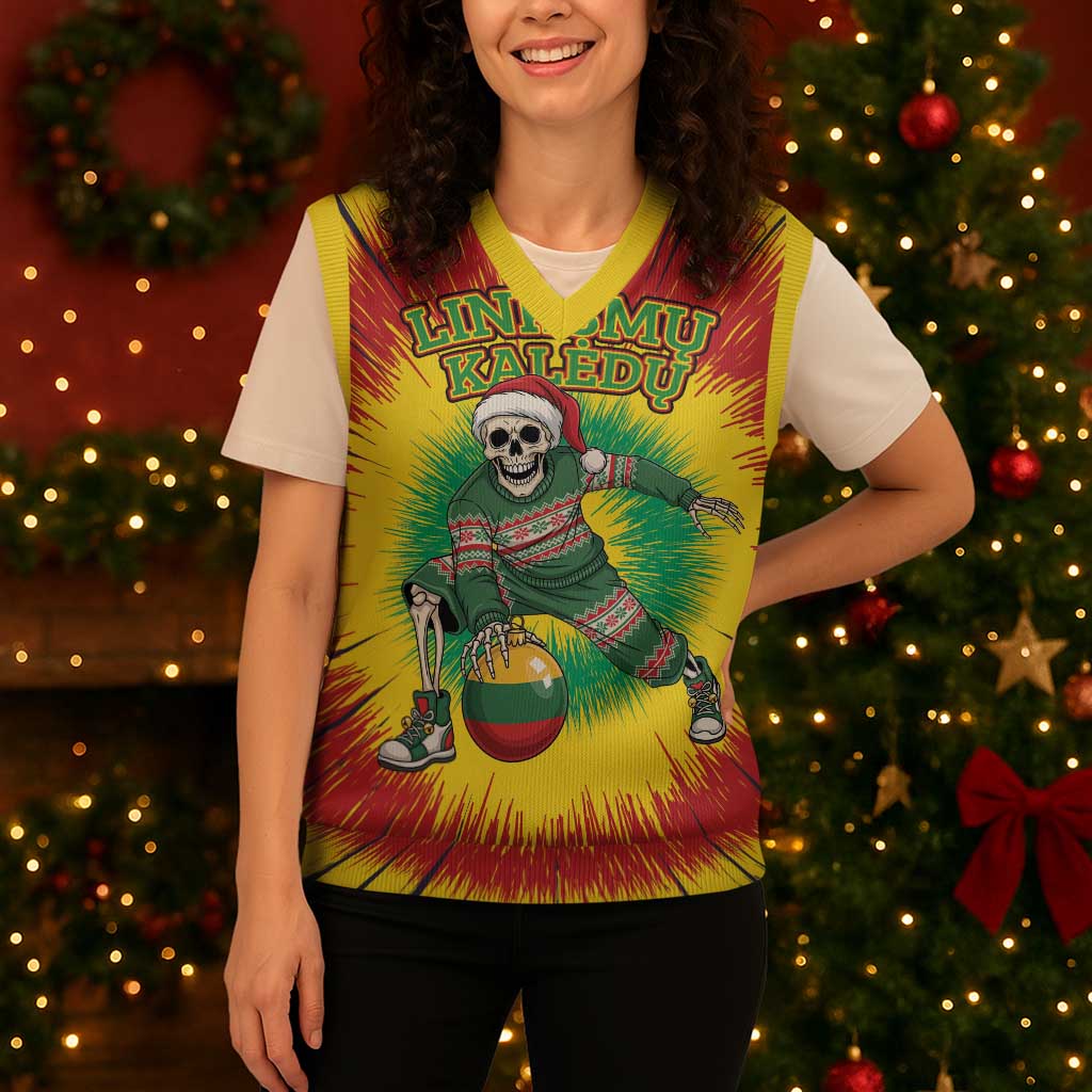 Personalized Lithuania Christmas Tie Dye Christmas Knitted V-Neck Vest Skeleton Basketball Slam Dunk Santa Hat - Wonder Print Shop