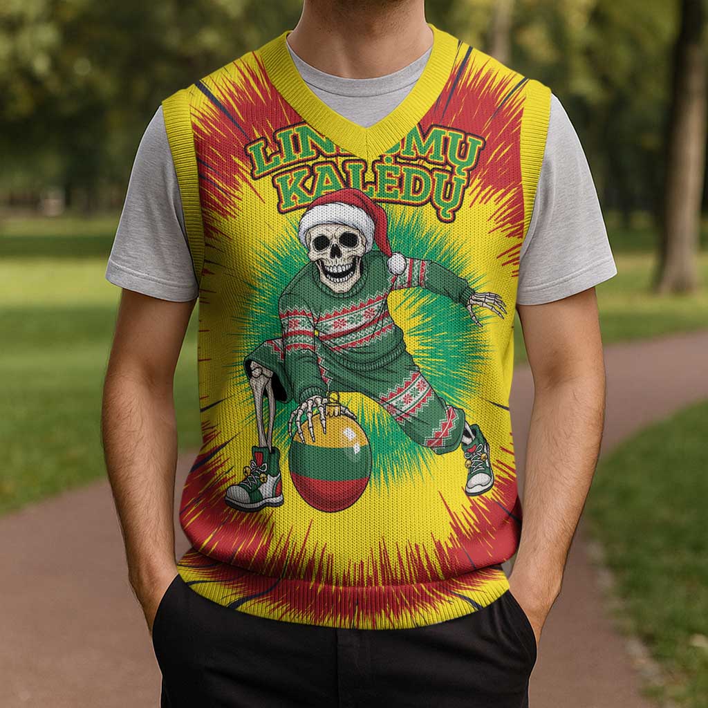 Personalized Lithuania Christmas Tie Dye Christmas Knitted V-Neck Vest Skeleton Basketball Slam Dunk Santa Hat - Wonder Print Shop