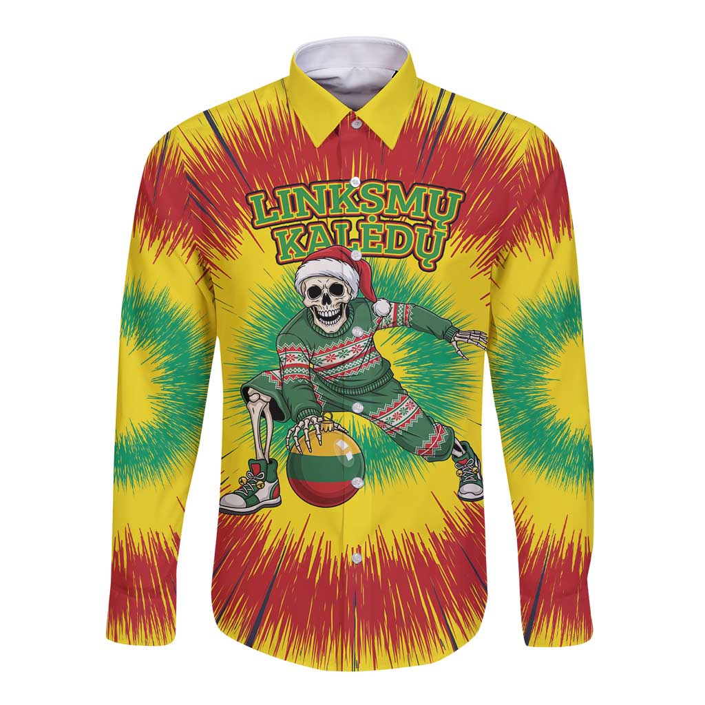 Personalized Lithuania Christmas Tie Dye Long Sleeve Button Shirt Skeleton Basketball Slam Dunk Santa Hat LT19