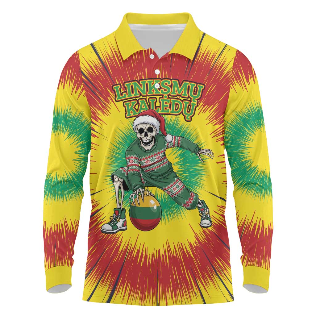 Personalized Lithuania Christmas Tie Dye Long Sleeve Polo Shirt Skeleton Basketball Slam Dunk Santa Hat LT19