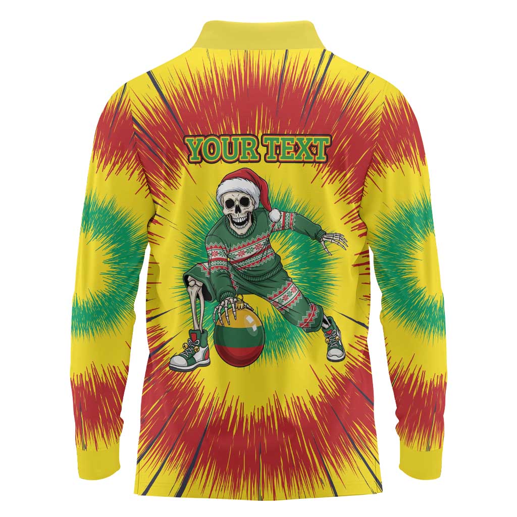 Personalized Lithuania Christmas Tie Dye Long Sleeve Polo Shirt Skeleton Basketball Slam Dunk Santa Hat LT19