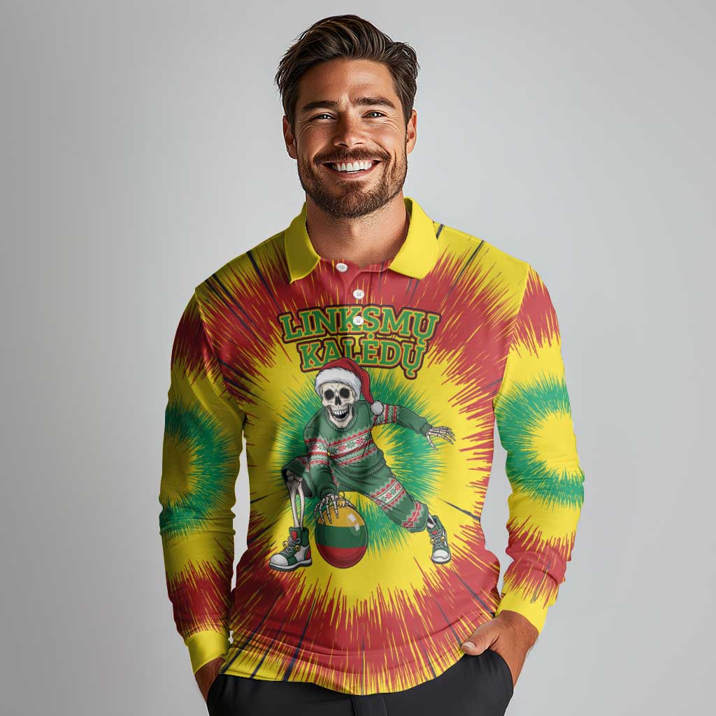 Personalized Lithuania Christmas Tie Dye Long Sleeve Polo Shirt Skeleton Basketball Slam Dunk Santa Hat LT19