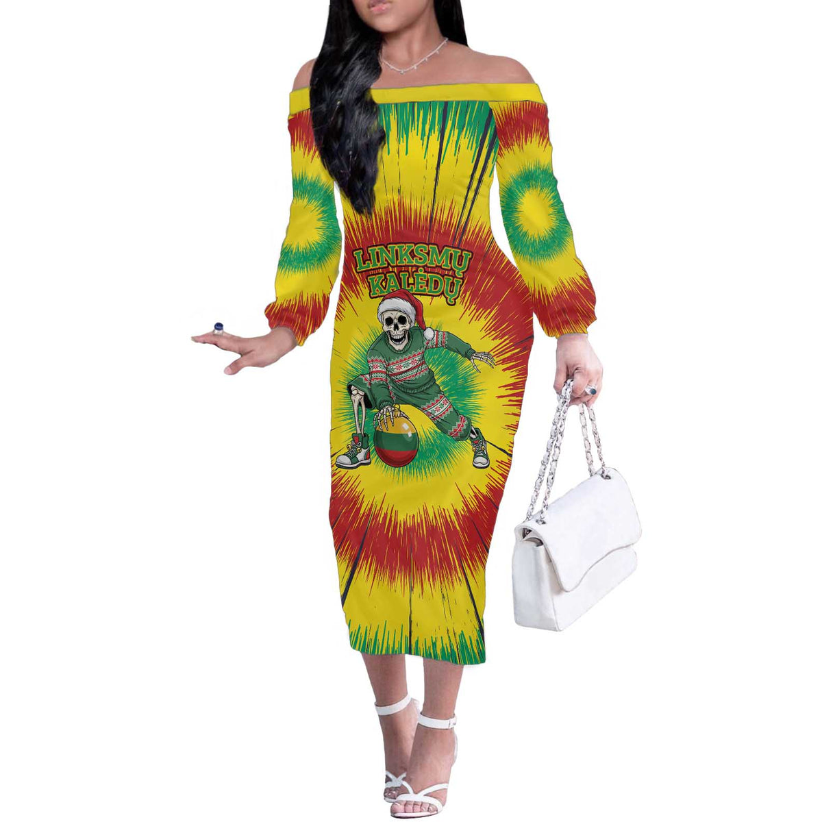 Personalized Lithuania Christmas Tie Dye Off The Shoulder Long Sleeve Dress Skeleton Basketball Slam Dunk Santa Hat LT19