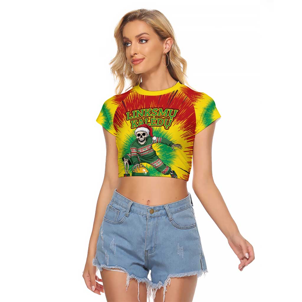 Personalized Lithuania Christmas Tie Dye Raglan Cropped T Shirt Skeleton Basketball Slam Dunk Santa Hat LT19
