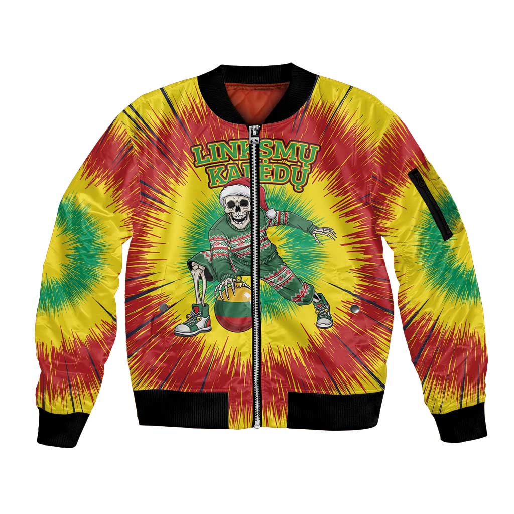 Personalized Lithuania Christmas Tie Dye Sleeve Zip Bomber Jacket Skeleton Basketball Slam Dunk Santa Hat LT19
