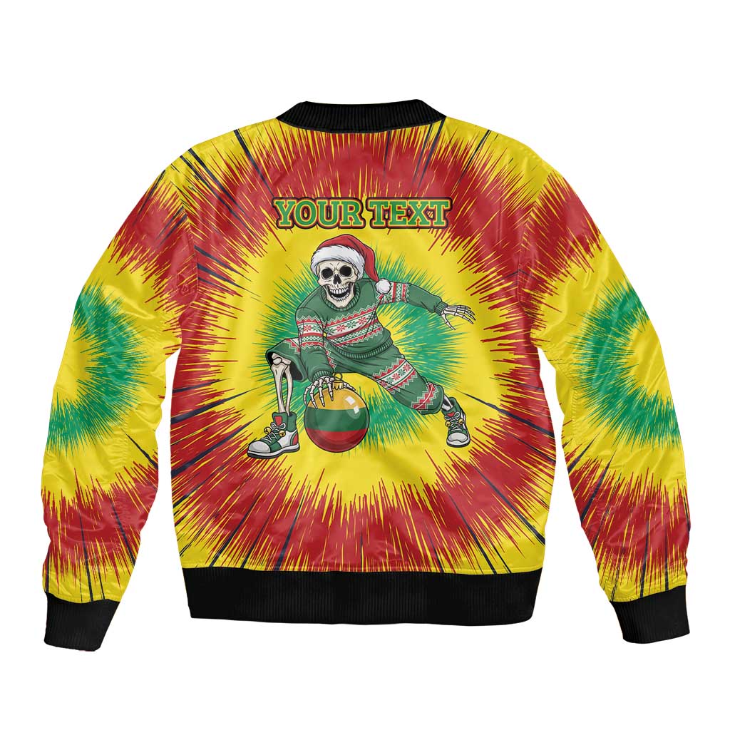 Personalized Lithuania Christmas Tie Dye Sleeve Zip Bomber Jacket Skeleton Basketball Slam Dunk Santa Hat LT19