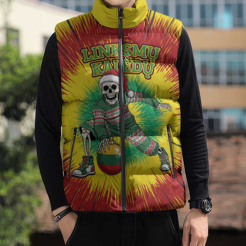 Personalized Lithuania Christmas Tie Dye Sleeveless Puffer Jacket Skeleton Basketball Slam Dunk Santa Hat LT19
