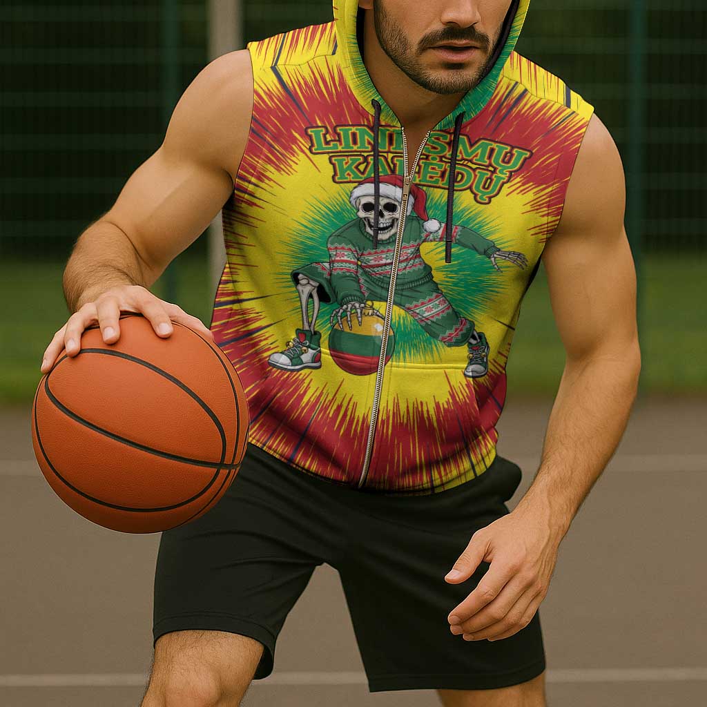 Personalized Lithuania Christmas Tie Dye Sleeveless Zip Hoodie Skeleton Basketball Slam Dunk Santa Hat LT19