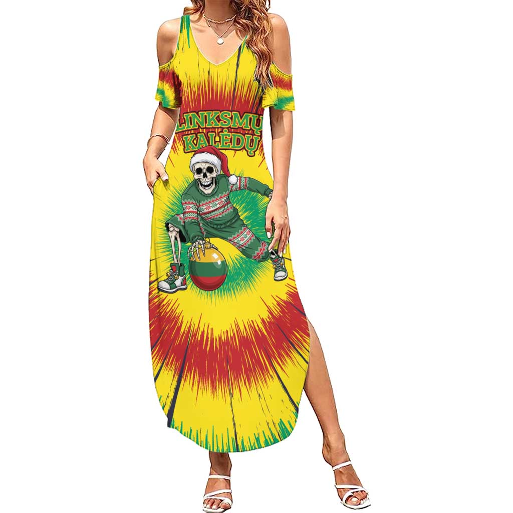 Personalized Lithuania Christmas Tie Dye Summer Maxi Dress Skeleton Basketball Slam Dunk Santa Hat LT19