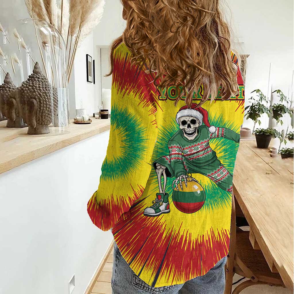 Personalized Lithuania Christmas Tie Dye Women Casual Shirt Skeleton Basketball Slam Dunk Santa Hat LT19