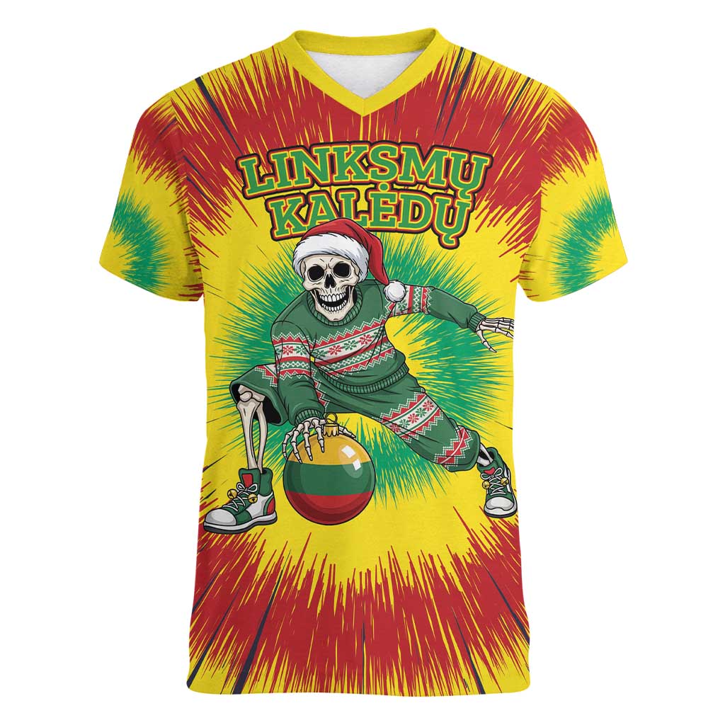Personalized Lithuania Christmas Tie Dye Women V-Neck T-Shirt Skeleton Basketball Slam Dunk Santa Hat LT19