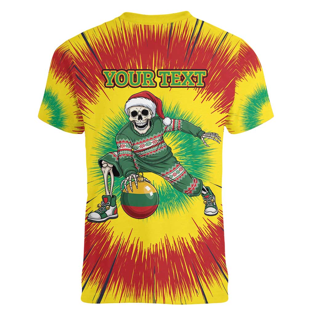 Personalized Lithuania Christmas Tie Dye Women V-Neck T-Shirt Skeleton Basketball Slam Dunk Santa Hat LT19