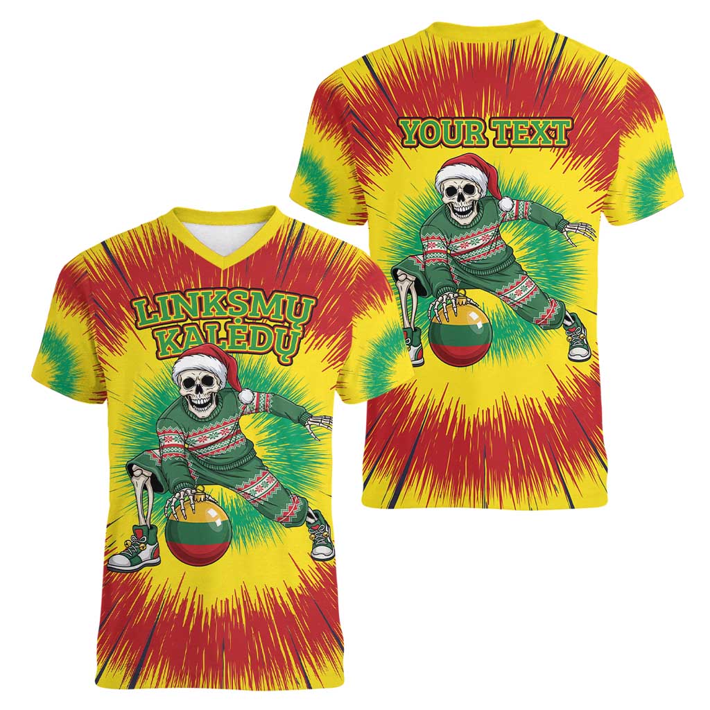 Personalized Lithuania Christmas Tie Dye Women V-Neck T-Shirt Skeleton Basketball Slam Dunk Santa Hat LT19