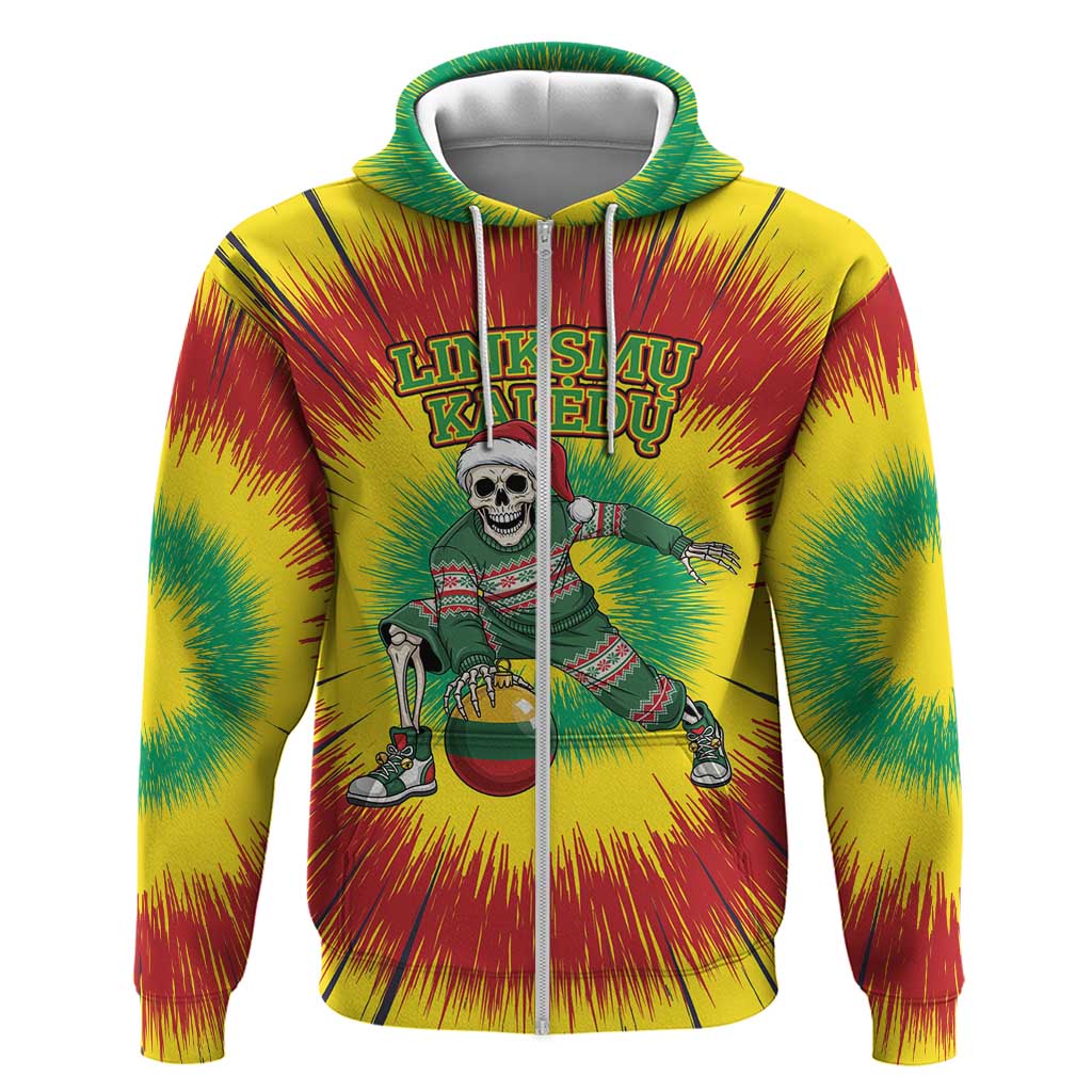 Personalized Lithuania Christmas Tie Dye Zip Hoodie Skeleton Basketball Slam Dunk Santa Hat LT19