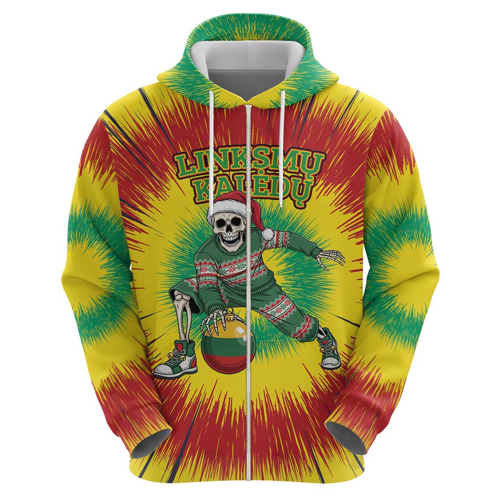 Personalized Lithuania Christmas Tie Dye Zip Hoodie Skeleton Basketball Slam Dunk Santa Hat LT19