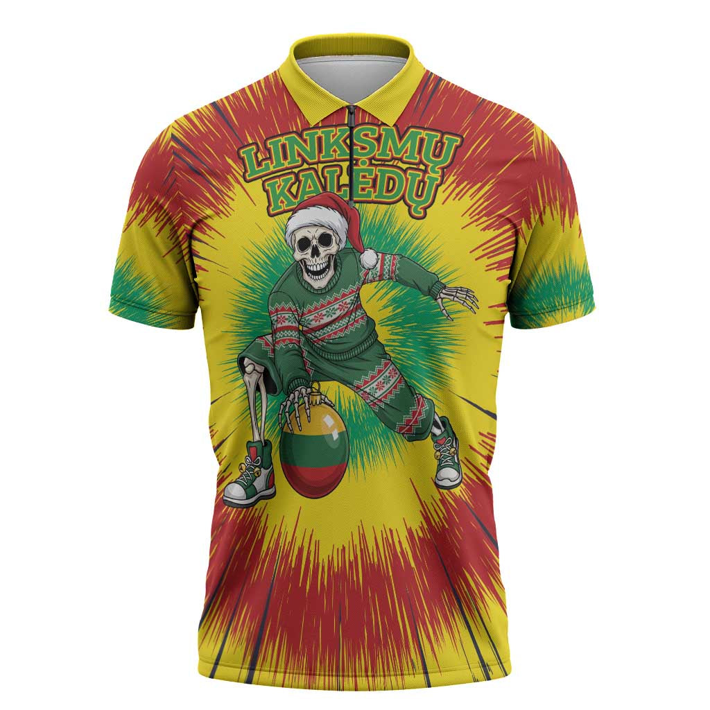 Personalized Lithuania Christmas Tie Dye Zipper Polo Shirt Skeleton Basketball Slam Dunk Santa Hat LT19